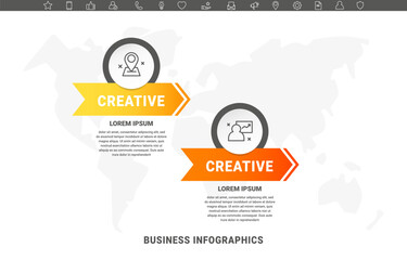 Vector modern infographic with 2 circles and arrows. 3D concept graphic process template with two steps and icons. Timeline for the business project on white background