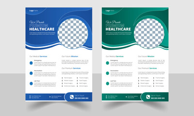 Simple Corporate healthcare and medical Flyer, a4 size, flyer design template for print, Flyer Layout with Medical Icons, pamphlet brochure editable photo background blue and green for hospital and do