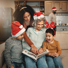 Happy, christmas and family looking at a photo album for memories, nostalgia and bonding. Smile,...