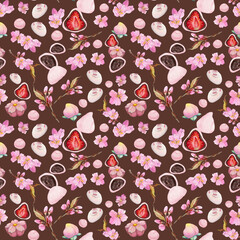 Watercolor seamless pattern with hand drawn traditional Japanese sweets. Wagashi, mochi, sakura blossom. Isolated on color background. Invitations, restaurant menu, greeting cards, print, textile