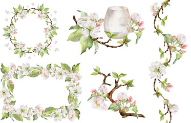 Hand drawn watercolor set with frames, wreaths and compositions. Apple fruit, flowers, leaves, branches. Isolated object on white background. Design for wall art, wedding, print, fabric, cover, card.