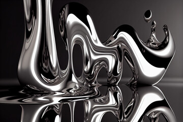 glossy silver metal fluid glossy chrome mirror water effect background. generative ai.
