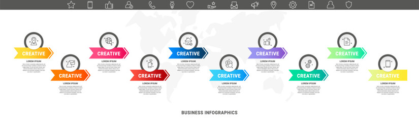 Vector modern infographic with 10 circles and arrows. 3D concept graphic process template with ten steps and icons. Timeline for the business project on white background