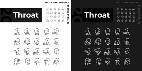 Throat pixel perfect linear icons set for dark, light mode. Diseases diagnosis and treatment. Awareness about sickness. Thin line symbols for night, day theme. Isolated illustrations. Editable stroke