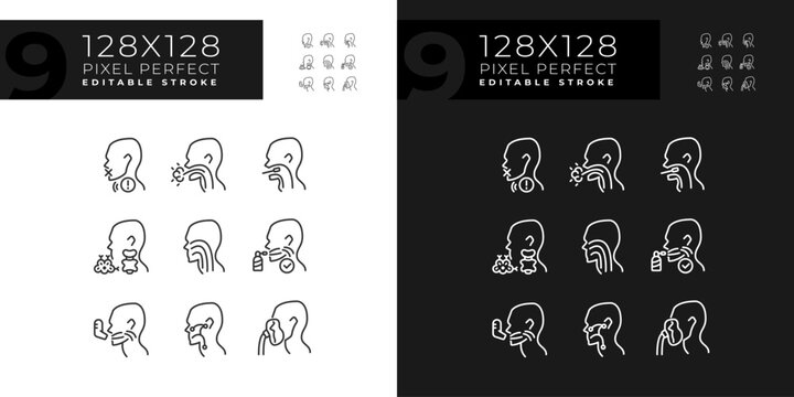 Throat problem diagnostics pixel perfect linear icons set for dark, light mode. Different diseases of human gullet. Thin line symbols for night, day theme. Isolated illustrations. Editable stroke