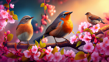 Birds on a branch with flowers