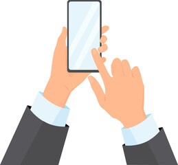 Two hands wearing in business suit are holding smartphone. Transparent background. Flat vector illustration.