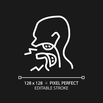 Tonsillitis cancer pixel perfect white linear icon for dark theme. Inflammatory process in throat. Viral infection. Thin line illustration. Contour symbol. Vector outline drawing. Editable stroke