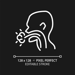 Cough pixel perfect white linear icon for dark theme. Infectious disease of throat. Patient with flu symptom. Thin line illustration. Contour symbol. Vector outline drawing. Editable stroke