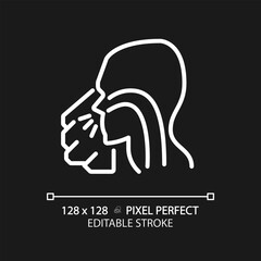 Sneezing pixel perfect white linear icon for dark theme. Infectious respiratory disease. Virus spreading prevention. Thin line illustration. Contour symbol. Vector outline drawing. Editable stroke