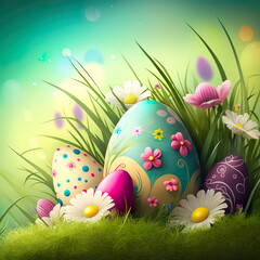 Easter Eggs in the Grass with Flowers Generative AI 