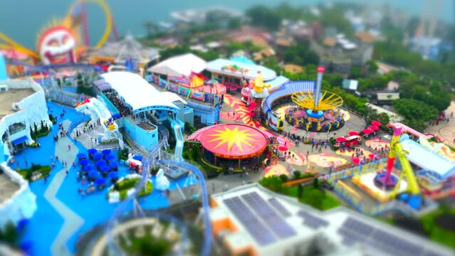 Tilt-Shift Timelapse of Ocean Park Theme Park in Hong Kong on a Sunny Day, Wide Angle Drone Shot