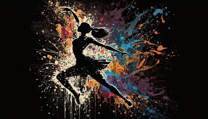 Fototapeta premium Figure of a delicate ballerina dancing among a explosion of colours. Dark background. Generative AI