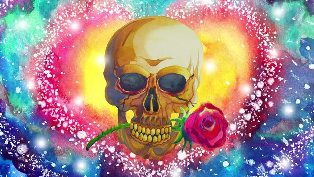 human head sugar skull day of the dead mexican halloween death rose flower heart love mind spiritual mental background art watercolor painting illustration digital collage stop motion animation 4k