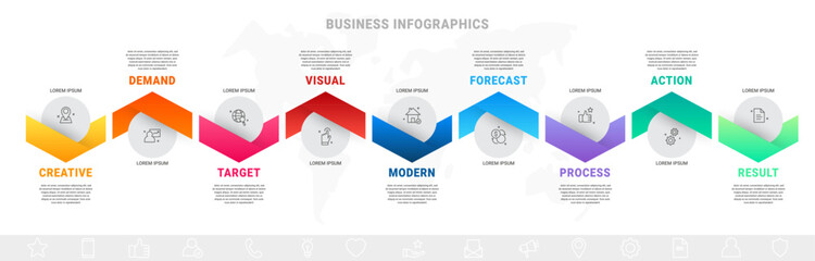 Vector business process. Modern timeline infographics with nine options, circles, steps. Graphic vector template with 9 icons