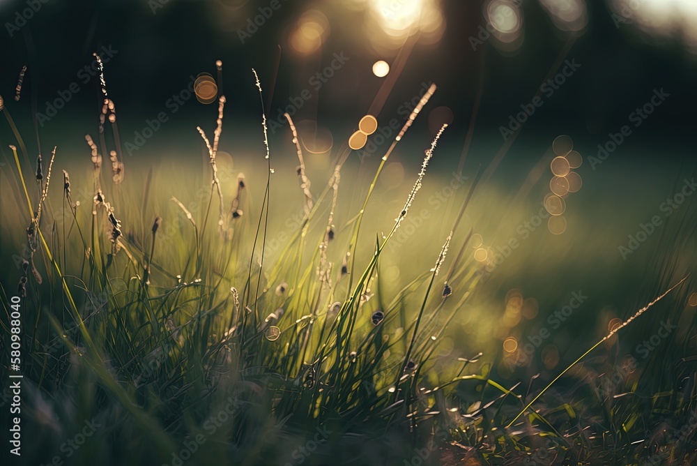 Poster Field grass in close-up, with a bokeh effect and a blurred backdrop. Generative AI