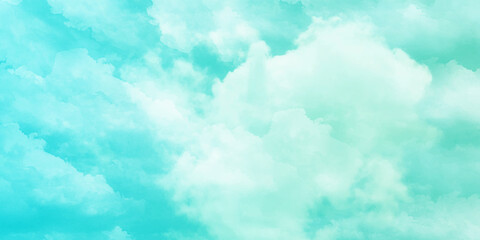 Abstract watercolor background . Grunge wallpaper of blue sky with white clouds . Summer heaven bright cloudscape .