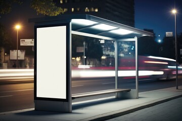 Fototapeta premium Billboard with light in the city center at night, with bus in motion Generative AI