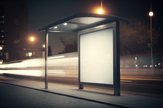 Billboard with light in the city center at night, with bus in motion Generative AI