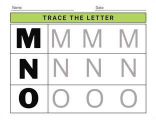 Alphabet tracing practice Letter M, N, O. worksheet with alphabet letters. Activity Sheets for kindergarten kids Writing training printable worksheet ready to print vector