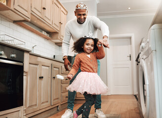 Happy, portrait and girl and father dancing in the kitchen for celebration, party and bonding. Smile, laughing and dad doing a dance with a child for quality time, happiness and playful together