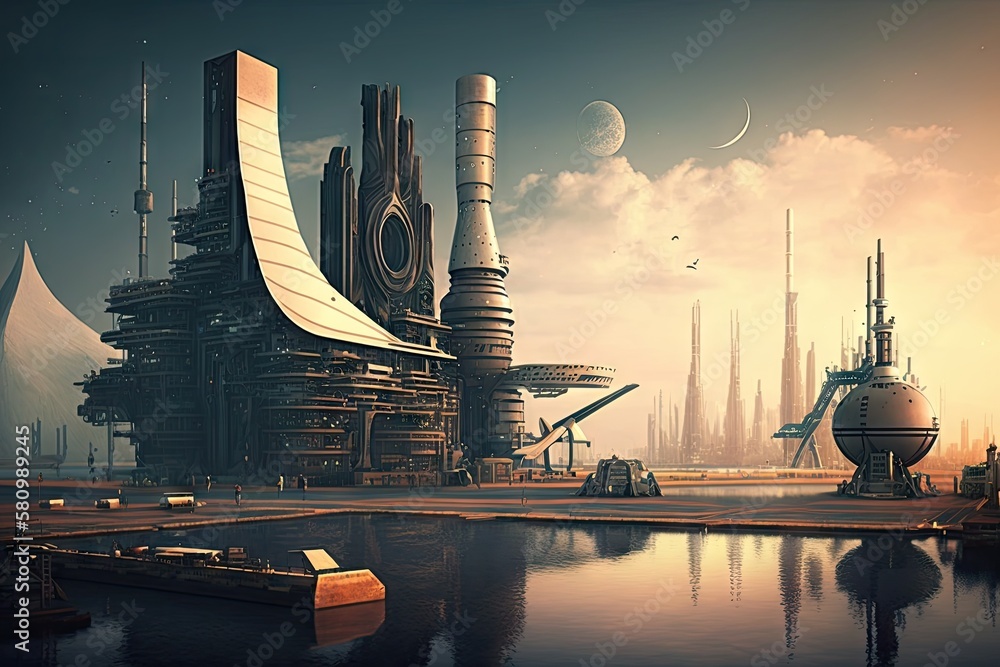 Sticker beautiful modern industrial city with futuristic cargo port of future, created with generative ai