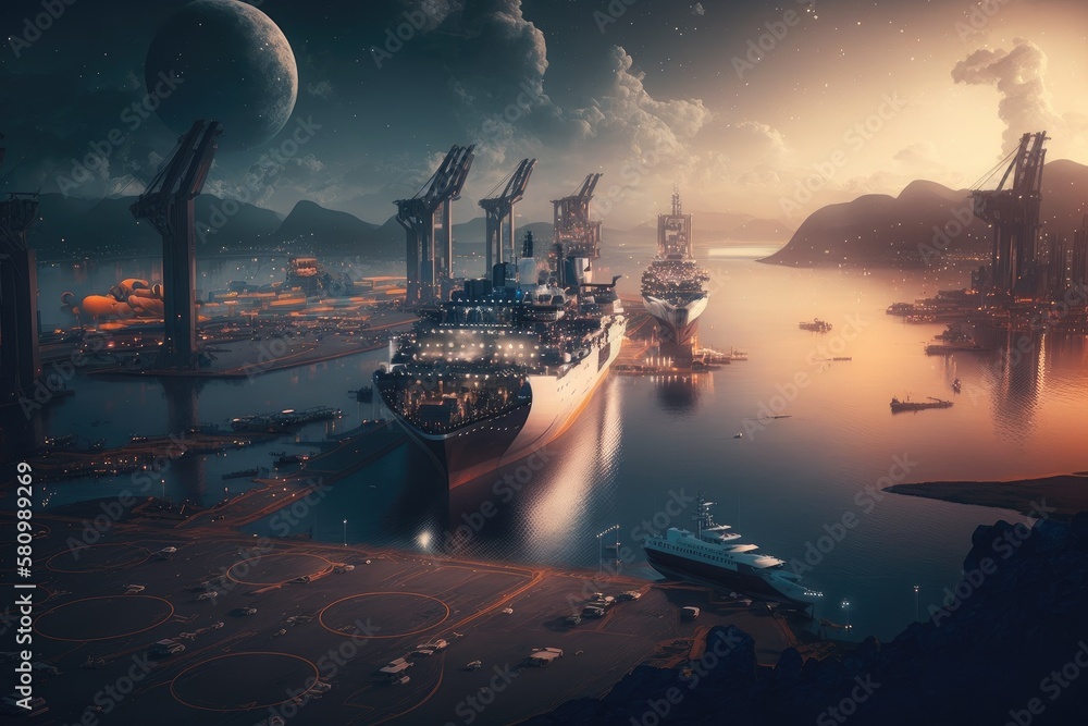 Poster beautiful modern industrial city with futuristic cargo port of future, created with generative ai