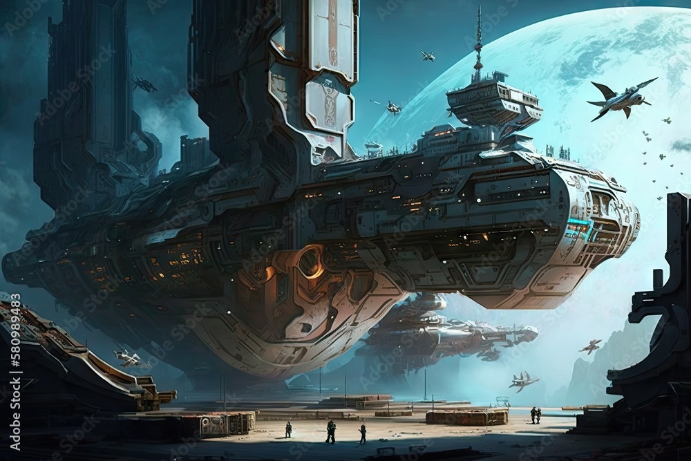 Wall mural futuristic cargo port of future with hundreds of large space ships, created with generative ai