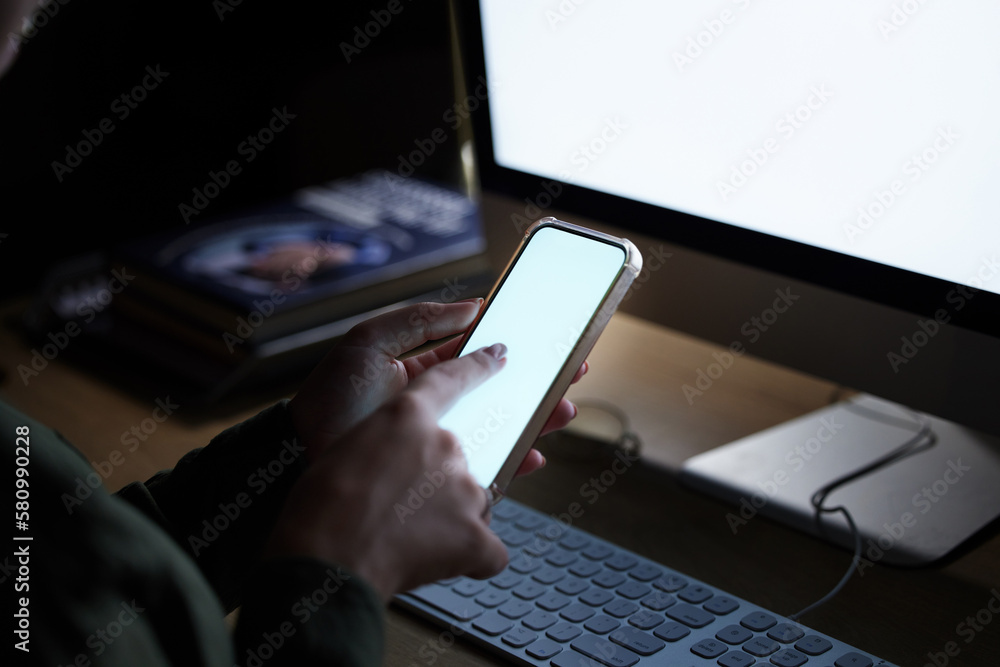 Poster Blank computer, phone screen and woman hands typing on technology for coding. Mobile connection, 404 glitch and programming on it software in the dark with a female coder employee at a office desk