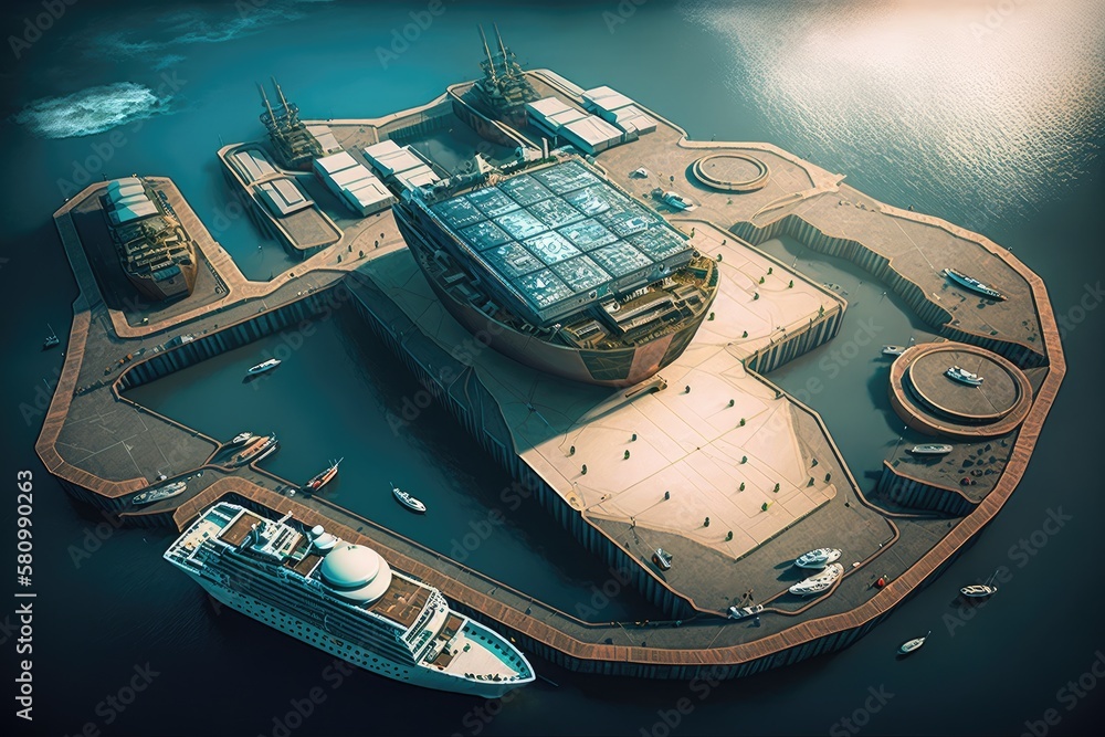 Wall mural view from above on futuristic cargo port of future and sea container ships, created with generative ai