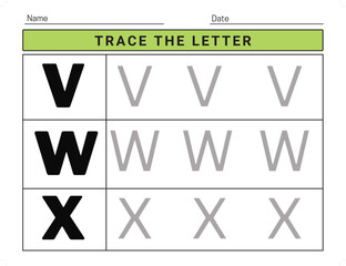 Alphabet tracing practice Letter V, W, X. worksheet with alphabet letters. Activity Sheets for kindergarten kids Writing training printable worksheet ready to print vector