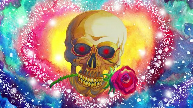 human head sugar skull day of the dead mexican halloween death rose flower heart love mind spiritual mental background art watercolor painting illustration digital collage stop motion animation 4k