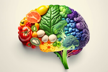 A brain made of fresh fruits and vegetables highlighted on a white background. Generative AI