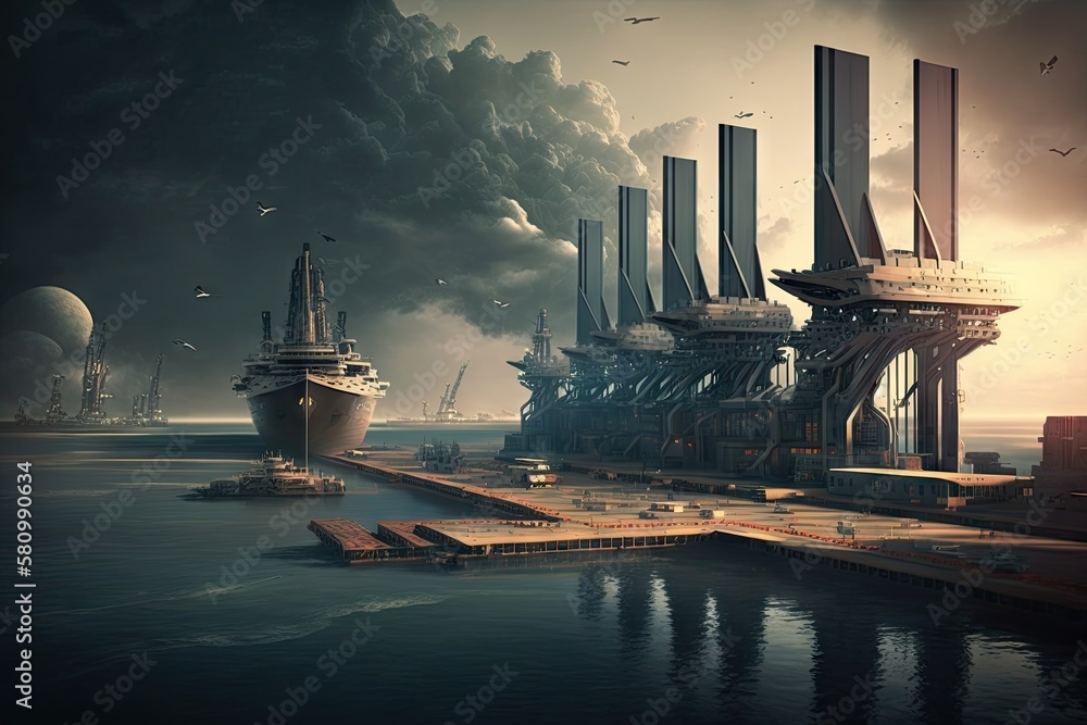 Wall mural concept of modern sea cargo port of future with long ships standing at pier, created with generative ai