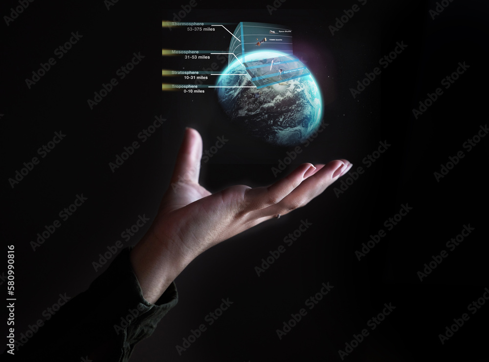 Aufkleber Hand, globe and hologram overlay with a user of ai or 3d technology accessing the metaverse for space travel. World, software and holographic with a person using a ux interface or dashboard