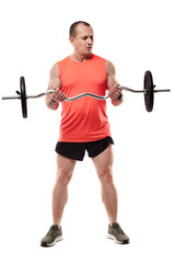 Mature man doing fitness workout with barbell