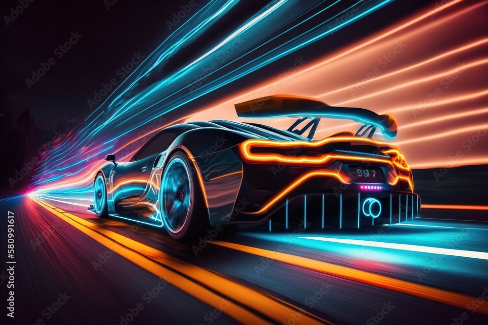 Poster a modern car at speed with neon lighting.generative ai