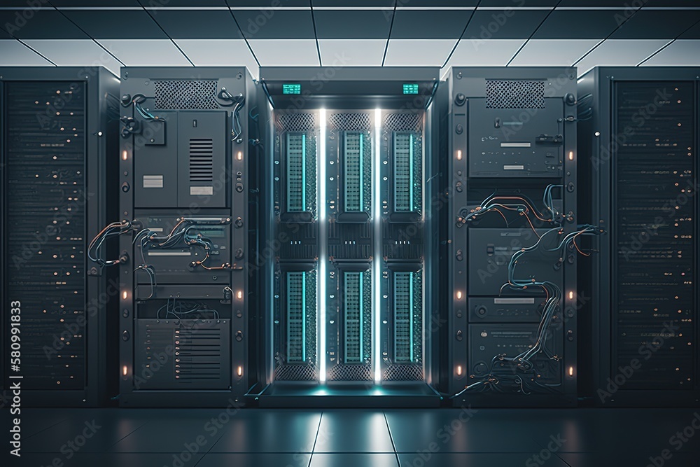Poster Technological data storage room.Generative AI