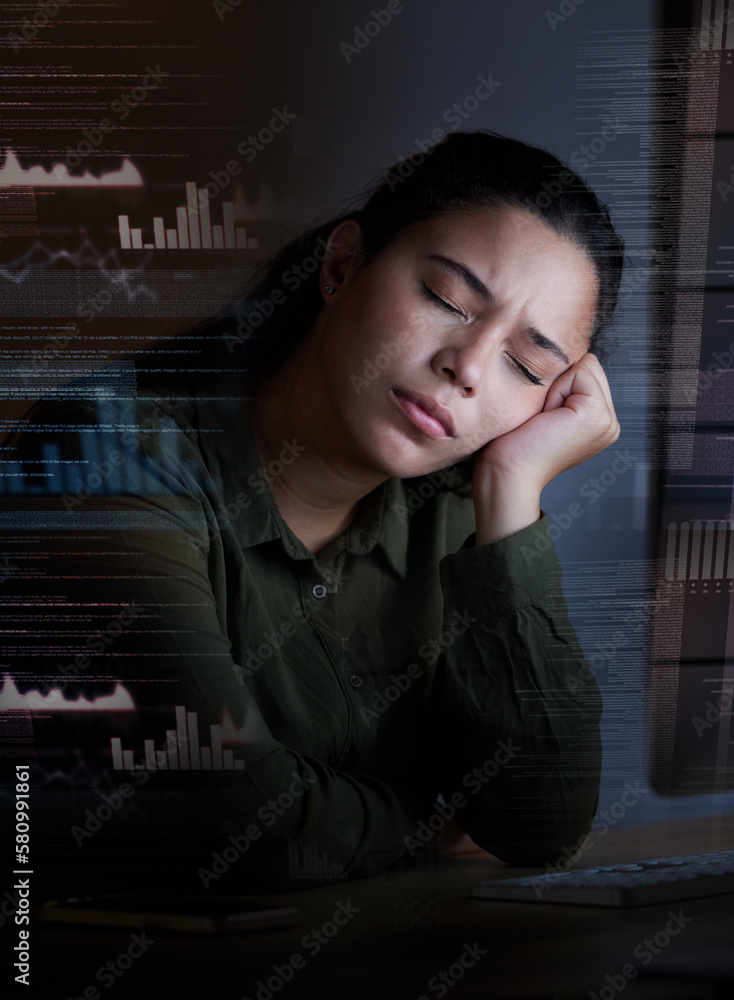 Leinwandbilder sleeping, hologram and woman with stress at night for coding, programming and information technology