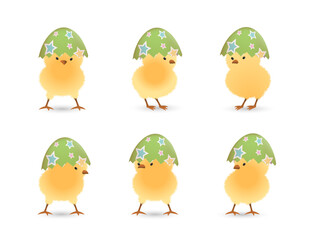 Chicks in upper part of broken Easter eggs with stars set