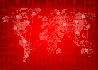 Red binary code number with digital number world map background