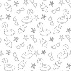 Seamless pattern with summer set of isolated cute white images with black lines in doodle style for design. Line art illustration with things for the beach and holiday. Vector.