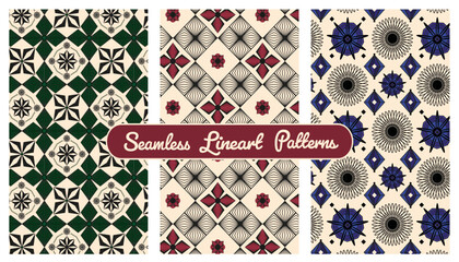 Set of seamless line art flower patterns vintage retro style