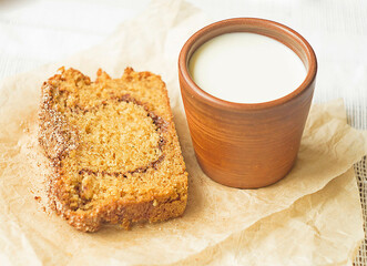 Homemade sponge cinnamon cake on white table, soft and moist dessert with milk. Homemade bakery concept for background, copy space, selective focus. Pound butter fluffy pie, white background.