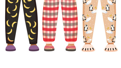 Set of legs in pajamas and slippers on a white background. Invitation. Vector stock illustration. isolated. Party. Abstract trend background.