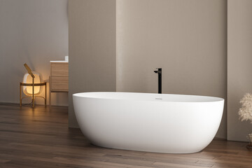 Obraz na płótnie Canvas Stylish white bathtub on parquet floor with back faucet in bright bathroom, beige and white wall background. 3d Rendering