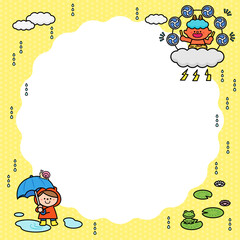 Fototapeta premium イラストフレーム 雨の日 雷様と子ども.