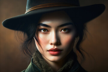Beautiful young woman wearing a hat in wilderness. Created with Generative AI technology.