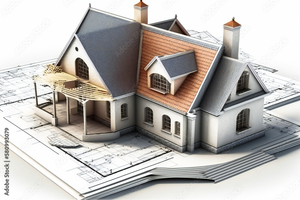 Poster a small home model sitting on a construction blueprint. real estate and engineering design concept. 