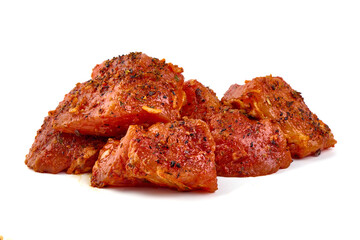 Raw pork skewers, ready to cook, kebab BBQ, isolated on white background.